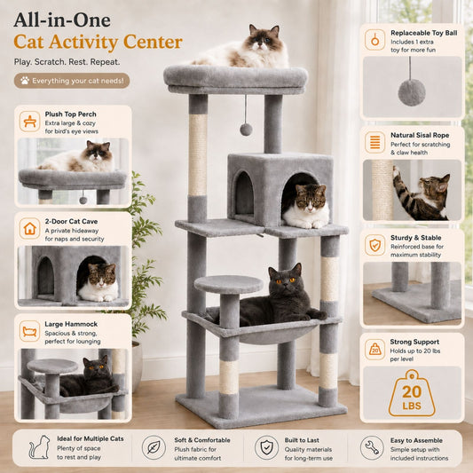 An all-in-one cat activity center with multiple platforms, a large hammock, a 2-door cat cave, plush perches, and a replaceable toy ball, shown with several cats using it in a bright room. The image includes feature callout panels on the left and right with text describing the product's benefits.