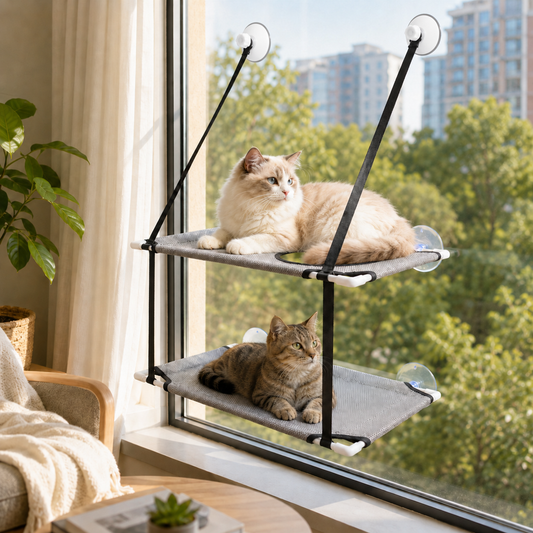 A two-deck window cat perch with black metal supports and clear suction cups, shown on a window in a bright room. A cream-colored cat rests on the top platform and a brown tabby cat rests on the lower platform.
