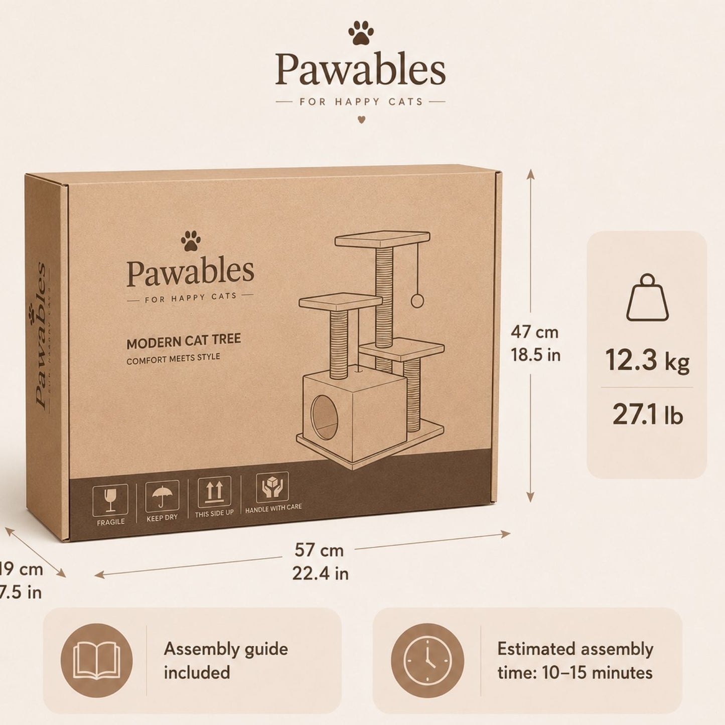 Cat tree packaging box shown with dimensions, weight, and assembly guide callouts on a light beige background.