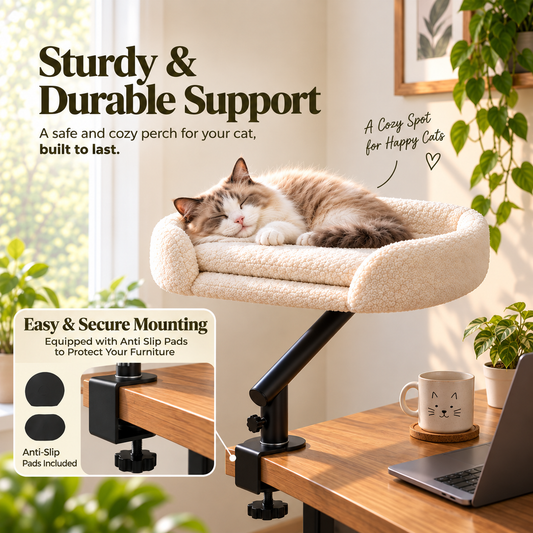 Desk-Side Cat Bed clamp mounted securely to a desk edge