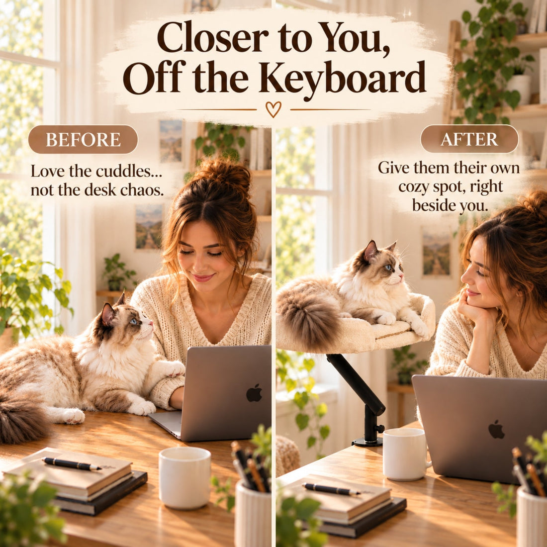 Cat on the keyboard before, and relaxing in a desk-side cat bed after
