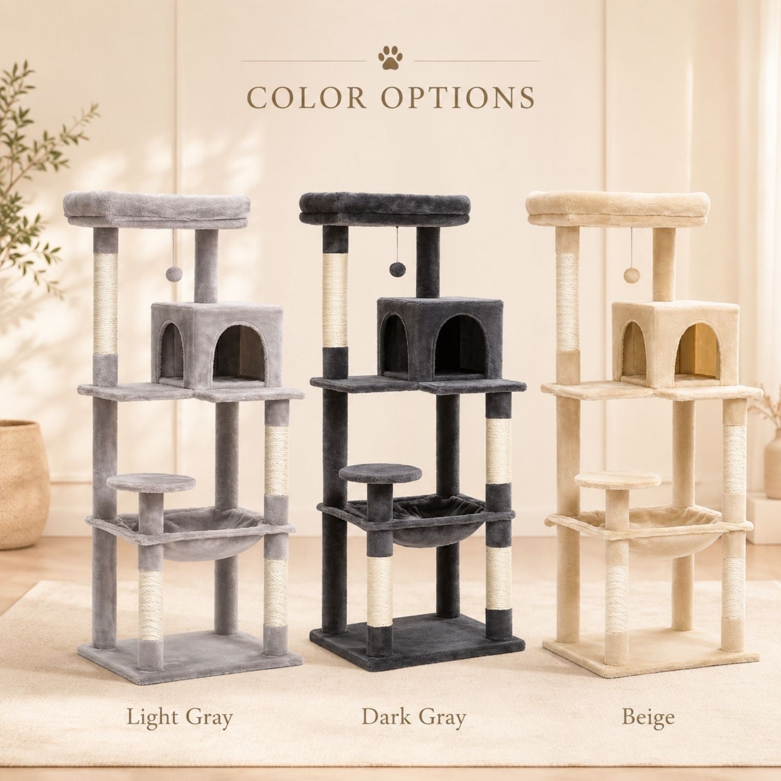 Three cat trees shown side by side under the heading 'COLOR OPTIONS' with labels 'Light Gray', 'Dark Gray', and 'Beige'. The image displays three different color variations of a multi-level cat tree with scratching posts, perches, and a small enclosed house.