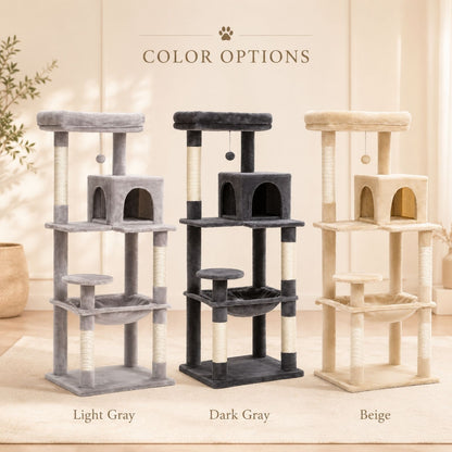 Three cat trees shown side by side under the heading 'COLOR OPTIONS' with labels 'Light Gray', 'Dark Gray', and 'Beige'. The image displays three different color variations of a multi-level cat tree with scratching posts, perches, and a small enclosed house.