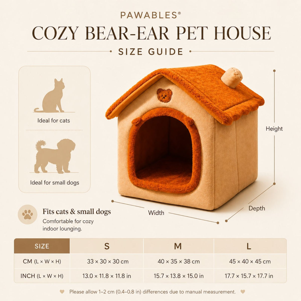 Size guide graphic for the Pawables Cozy Bear-Ear Pet House, showing a 3D rendering of the pet house with dimension labels (Height, Width, Depth), silhouette icons for cats and small dogs, and a size table for S, M, and L dimensions.