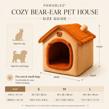 Size guide graphic for the Pawables Cozy Bear-Ear Pet House, showing a 3D rendering of the pet house with dimension labels (Height, Width, Depth), silhouette icons for cats and small dogs, and a size table for S, M, and L dimensions.