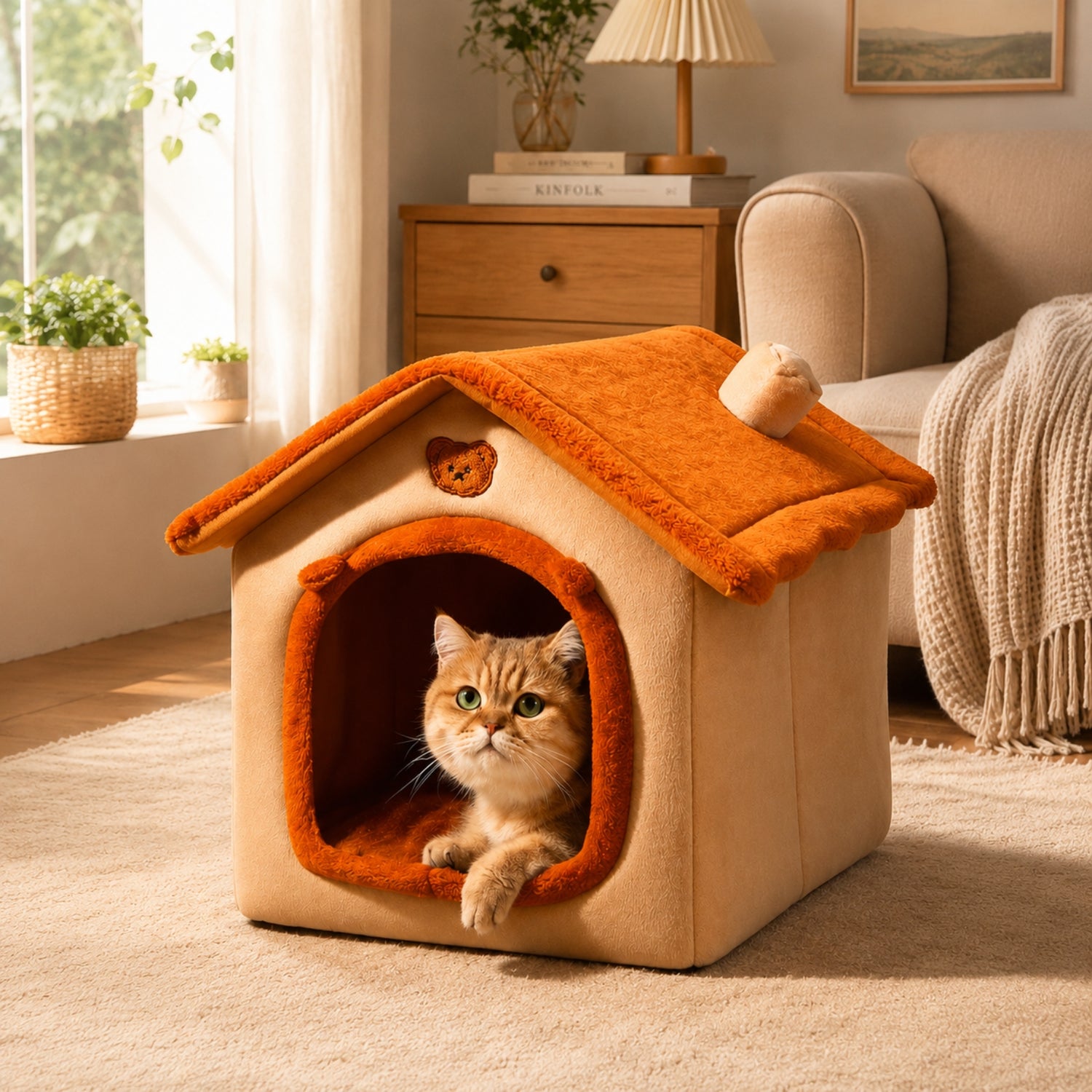 A cat sits inside a house-shaped pet bed with an orange roof and trim in a warm, sunlit living room. The bed has a cream fabric body and a small bear face cutout on the front.