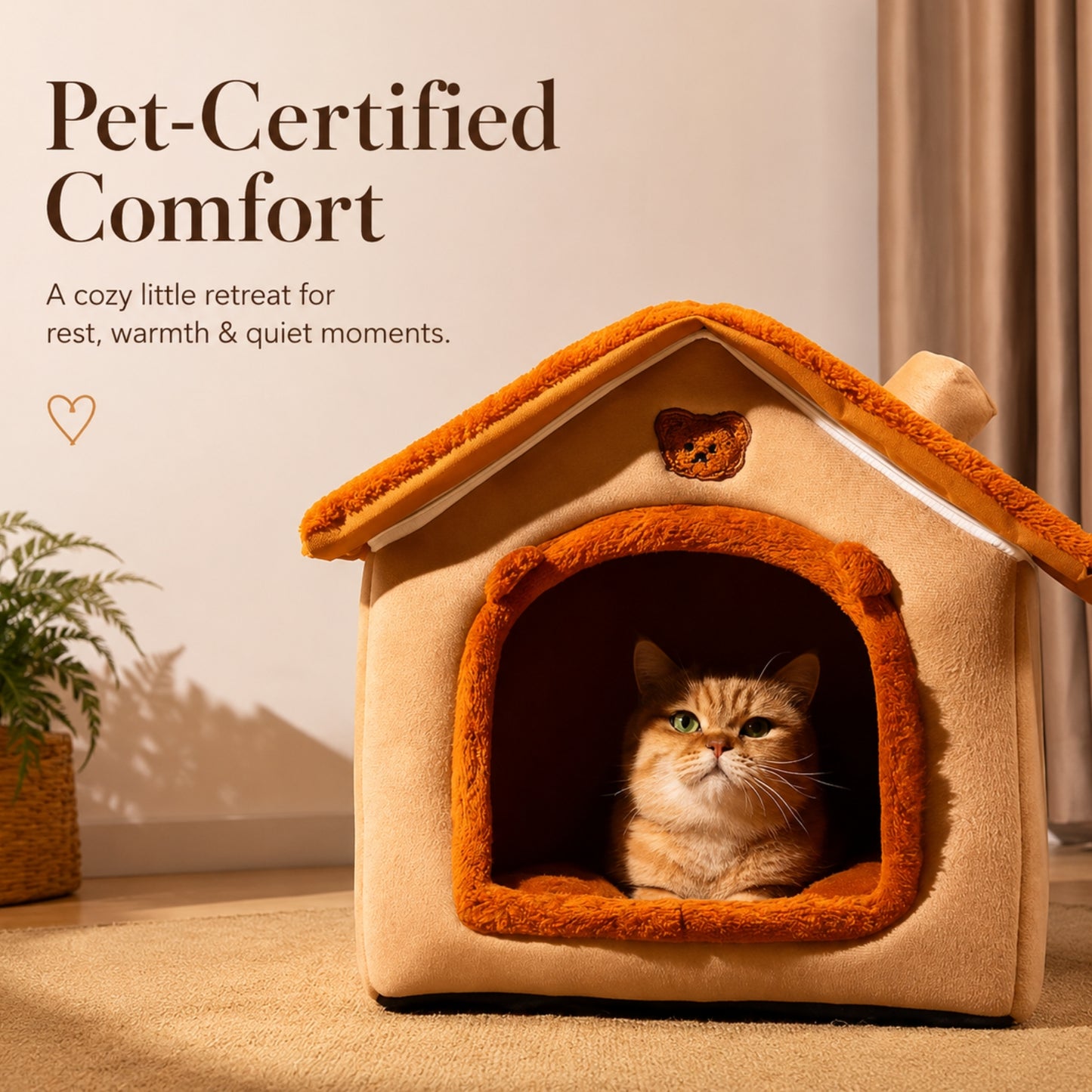 A cat sits inside a plush house-shaped pet bed in a warm indoor setting. The bed is tan with orange-brown trim and a small bear face detail on the front.