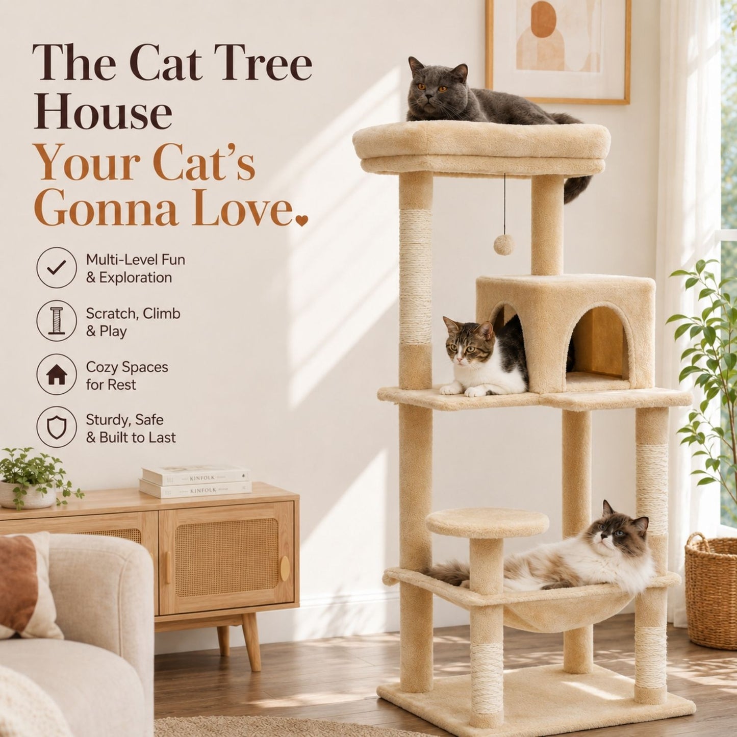 A multi-level cat tree with sisal-wrapped posts and cozy resting platforms, shown in a bright living room with three cats on and around it. Large promotional text on the left reads, 'The Cat Tree House Your Cat's Gonna Love.'