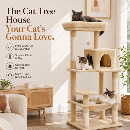 A multi-level cat tree with sisal-wrapped posts and cozy resting platforms, shown in a bright living room with three cats on and around it. Large promotional text on the left reads, 'The Cat Tree House Your Cat's Gonna Love.'
