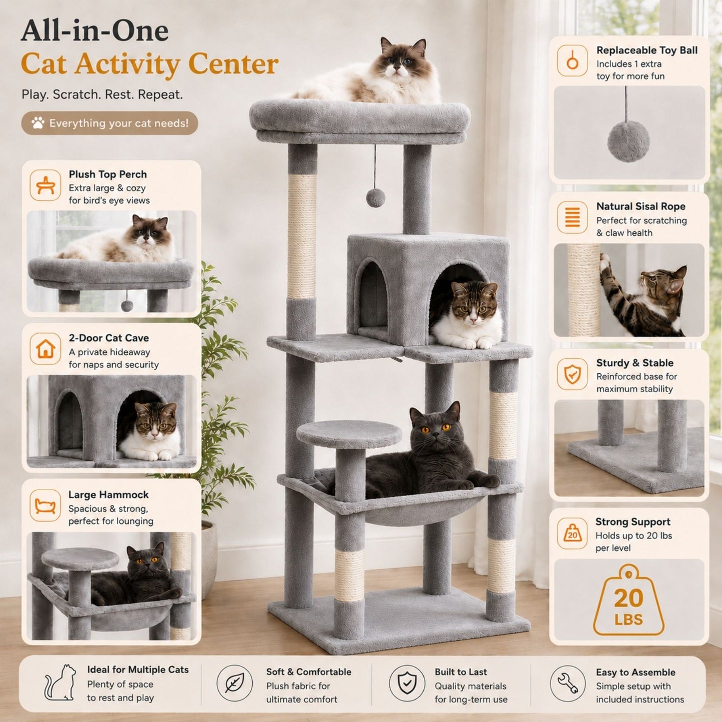 An all-in-one cat activity center with multiple platforms, a large hammock, a 2-door cat cave, plush perches, and a replaceable toy ball, shown with several cats using it in a bright room. The image includes feature callout panels on the left and right with text describing the product's benefits.