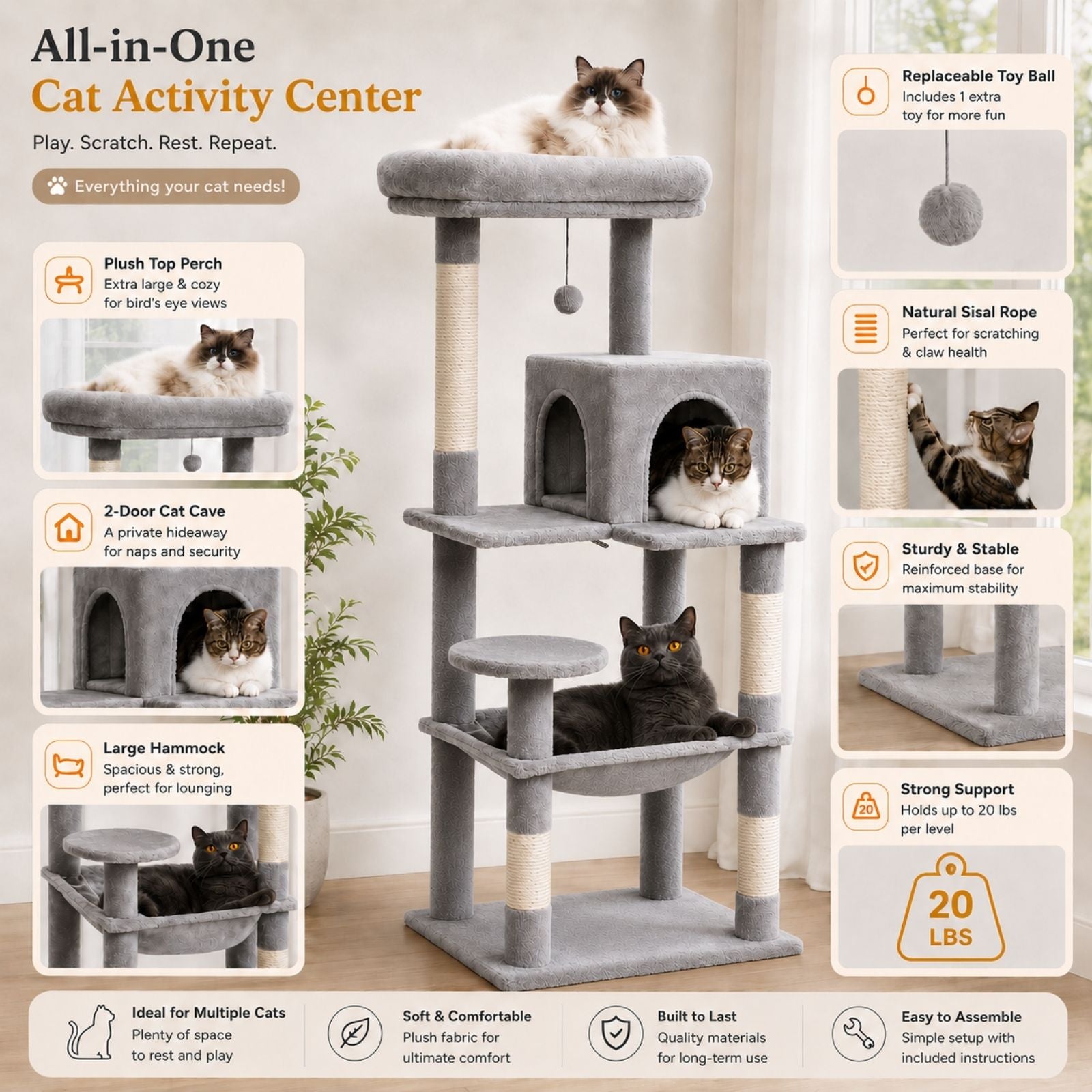 An all-in-one cat activity center with multiple platforms, a large hammock, a 2-door cat cave, plush perches, and a replaceable toy ball, shown with several cats using it in a bright room. The image includes feature callout panels on the left and right with text describing the product's benefits.