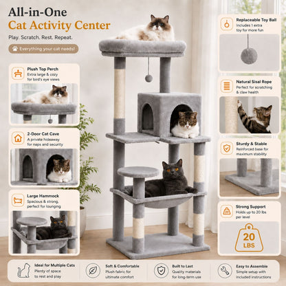 An all-in-one cat activity center with multiple platforms, a large hammock, a 2-door cat cave, plush perches, and a replaceable toy ball, shown with several cats using it in a bright room. The image includes feature callout panels on the left and right with text describing the product's benefits.