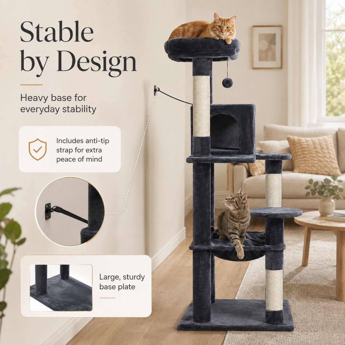 A tall multi-level cat tree with dark grey fabric and cream sisal-wrapped posts, shown in a living room with two cats using it. The image includes marketing text and callout insets highlighting the stable base, anti-tip strap, and large base plate.