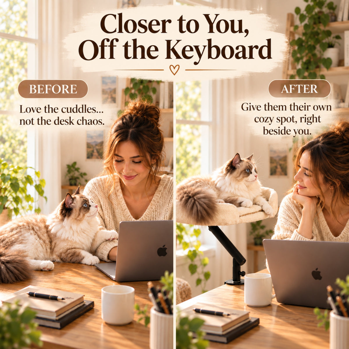 Cat on the keyboard before, and relaxing in the Desk-Side Cat Bed after