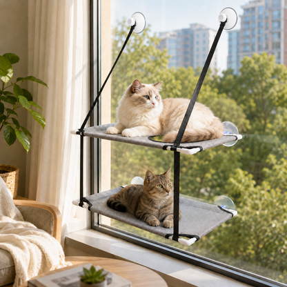 A two-deck window cat perch with black metal supports and clear suction cups, shown on a window in a bright room. A cream-colored cat rests on the top platform and a brown tabby cat rests on the lower platform.