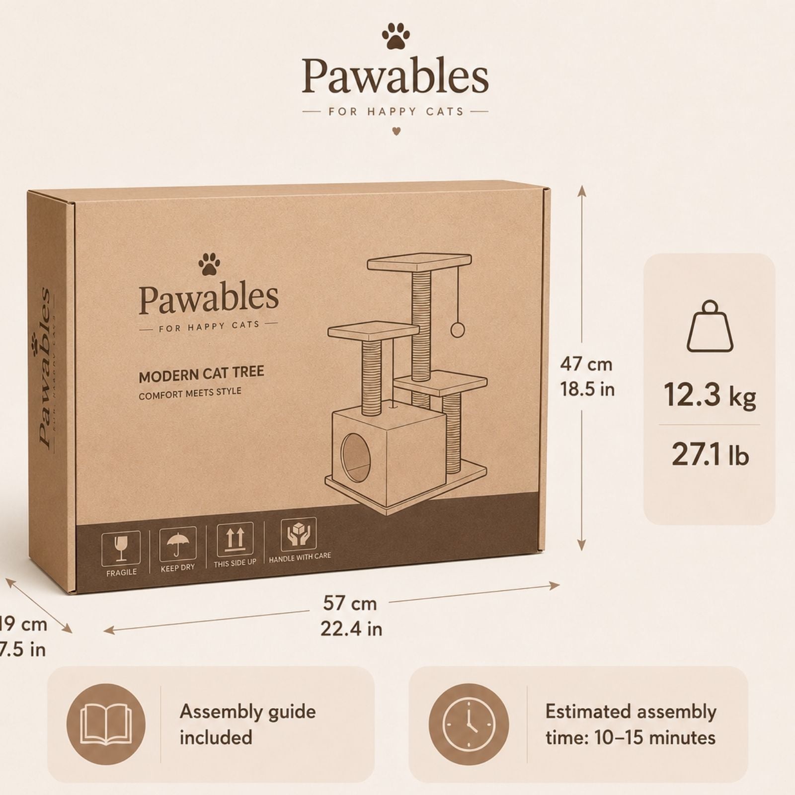 Cat tree packaging box shown with dimensions, weight, and assembly guide callouts on a light beige background.