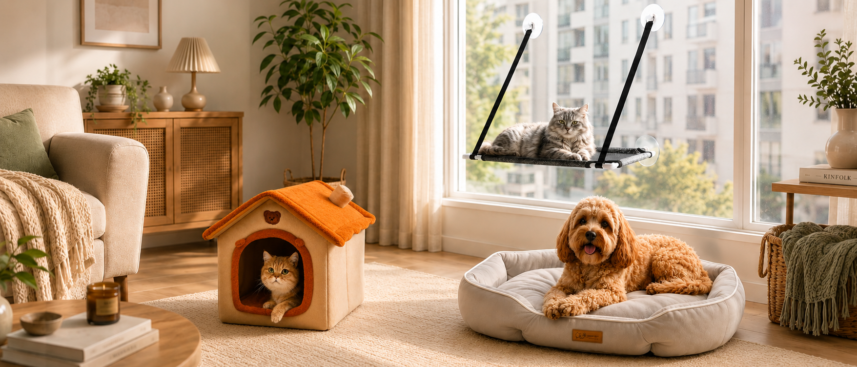 A cozy living room scene with a fluffy brown dog lying in a round cream pet bed near a large window, while a cat rests in a small orange-roofed wooden house. A wall-mounted cat swing is also visible by the window.