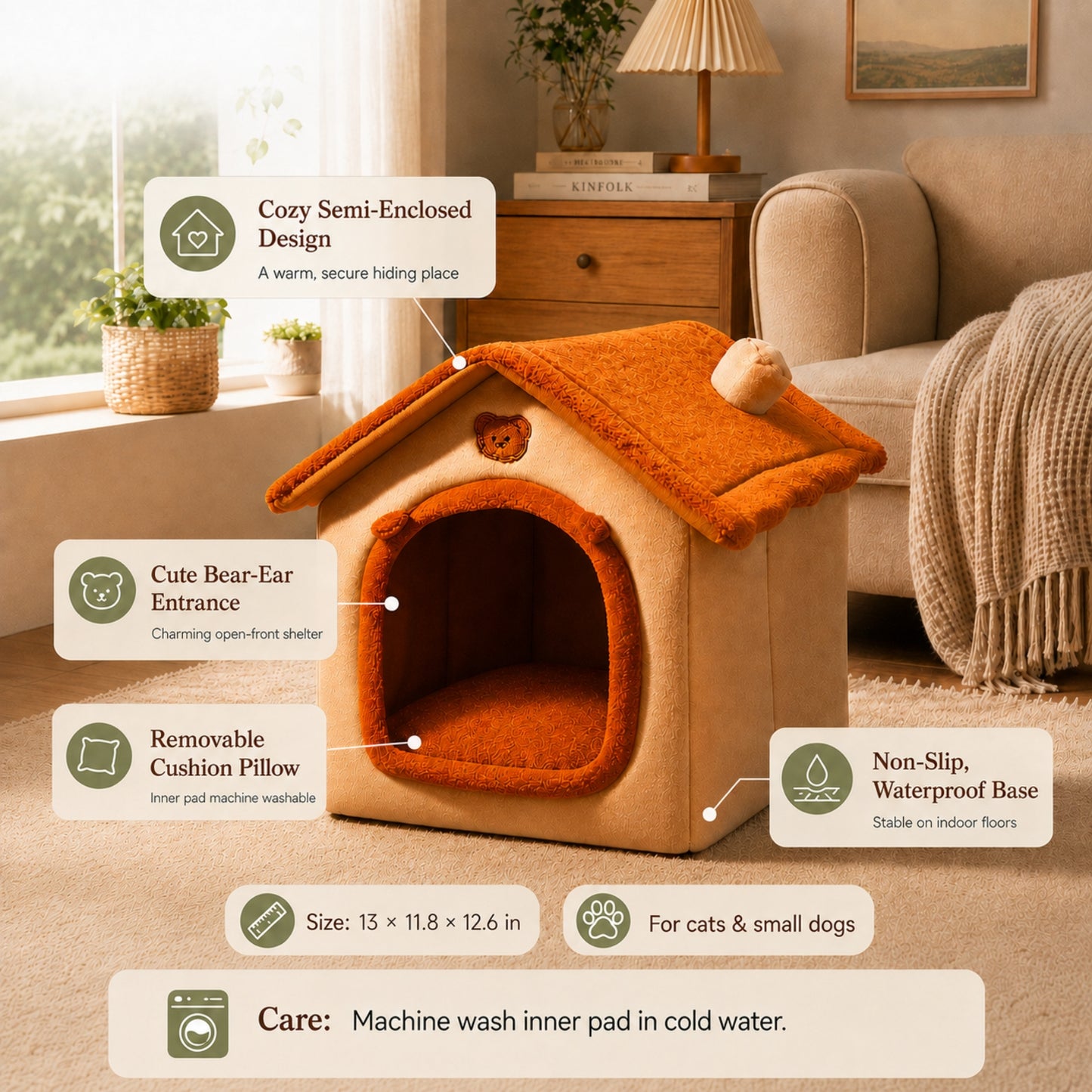 A house-shaped pet bed with a warm beige body and orange-brown faux fur roof and entrance, shown in a living room setting with overlaid feature callouts and care text.