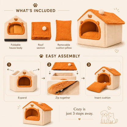 A product infographic for a foldable pet house, showing the included components, assembly steps, and a cozy doghouse-style bed with orange fleece trim and cream fabric. The layout includes labeled sections for what's included, easy assembly, and a small dog and cat illustration.