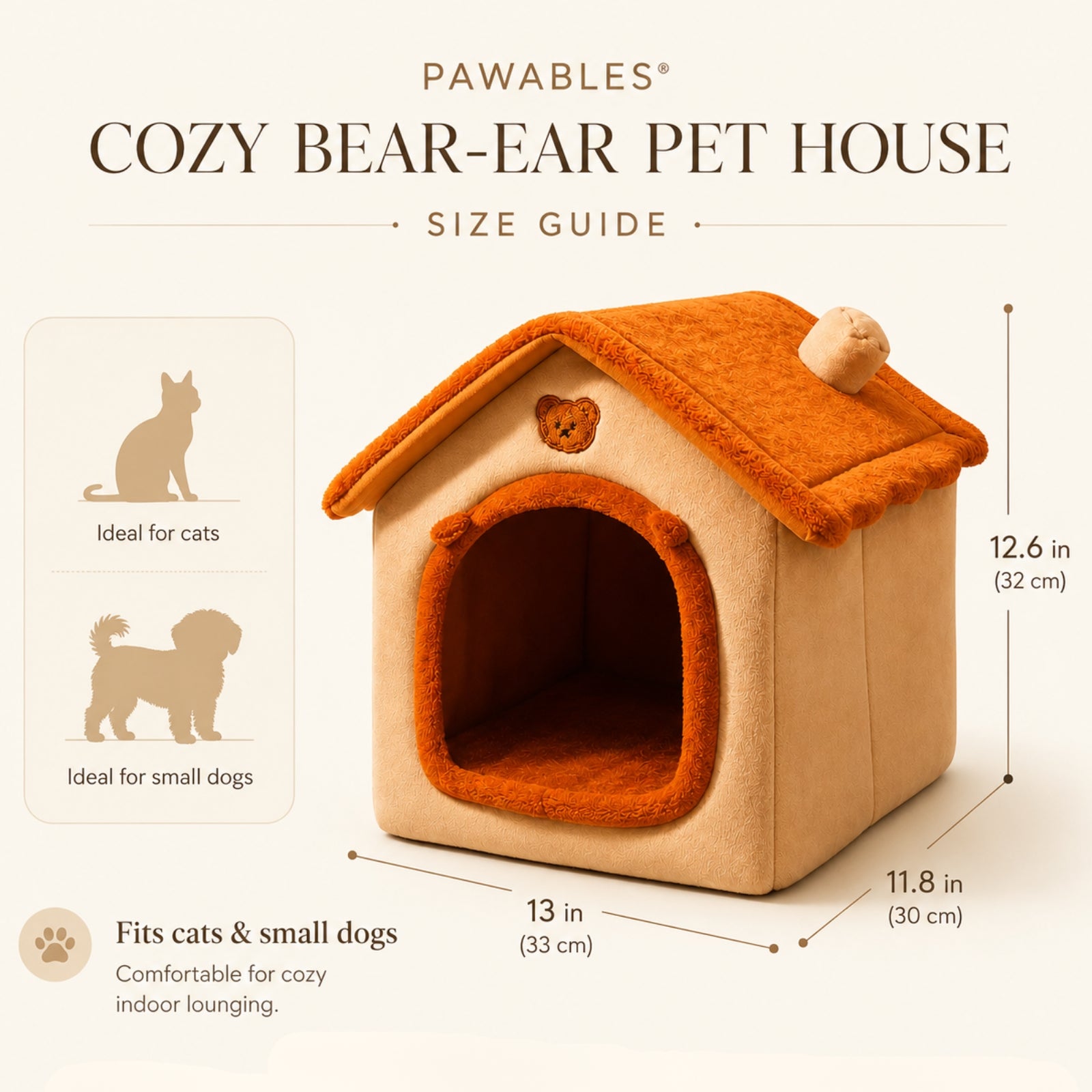 Size guide graphic for the Pawables Cozy Bear-Ear Pet House, showing the house with dimension lines indicating 12.6 in height, 13 in width, and 11.