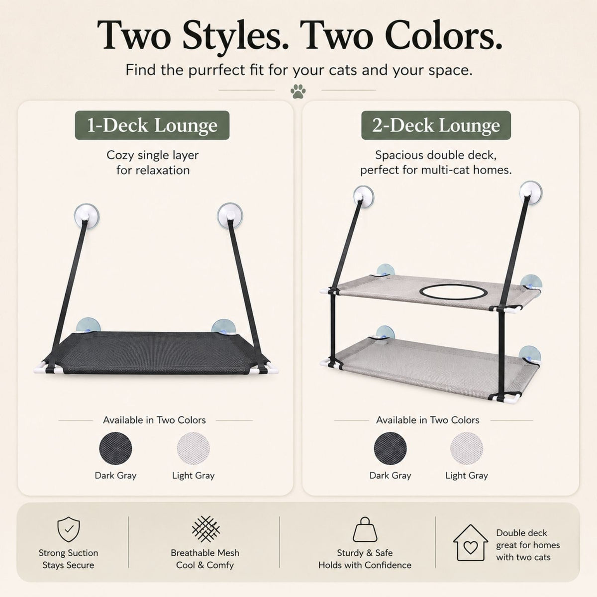 An informational product graphic for a cat hammock system showing two styles and two colors. The left panel shows a single-level black hammock labeled '1-Deck Lounge,' and the right panel shows a two-level black hammock with gray mesh panels labeled '2-Deck Lounge.
