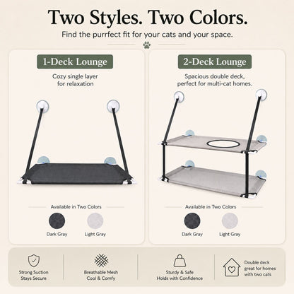 An informational product graphic for a cat hammock system showing two styles and two colors. The left panel shows a single-level black hammock labeled '1-Deck Lounge,' and the right panel shows a two-level black hammock with gray mesh panels labeled '2-Deck Lounge.