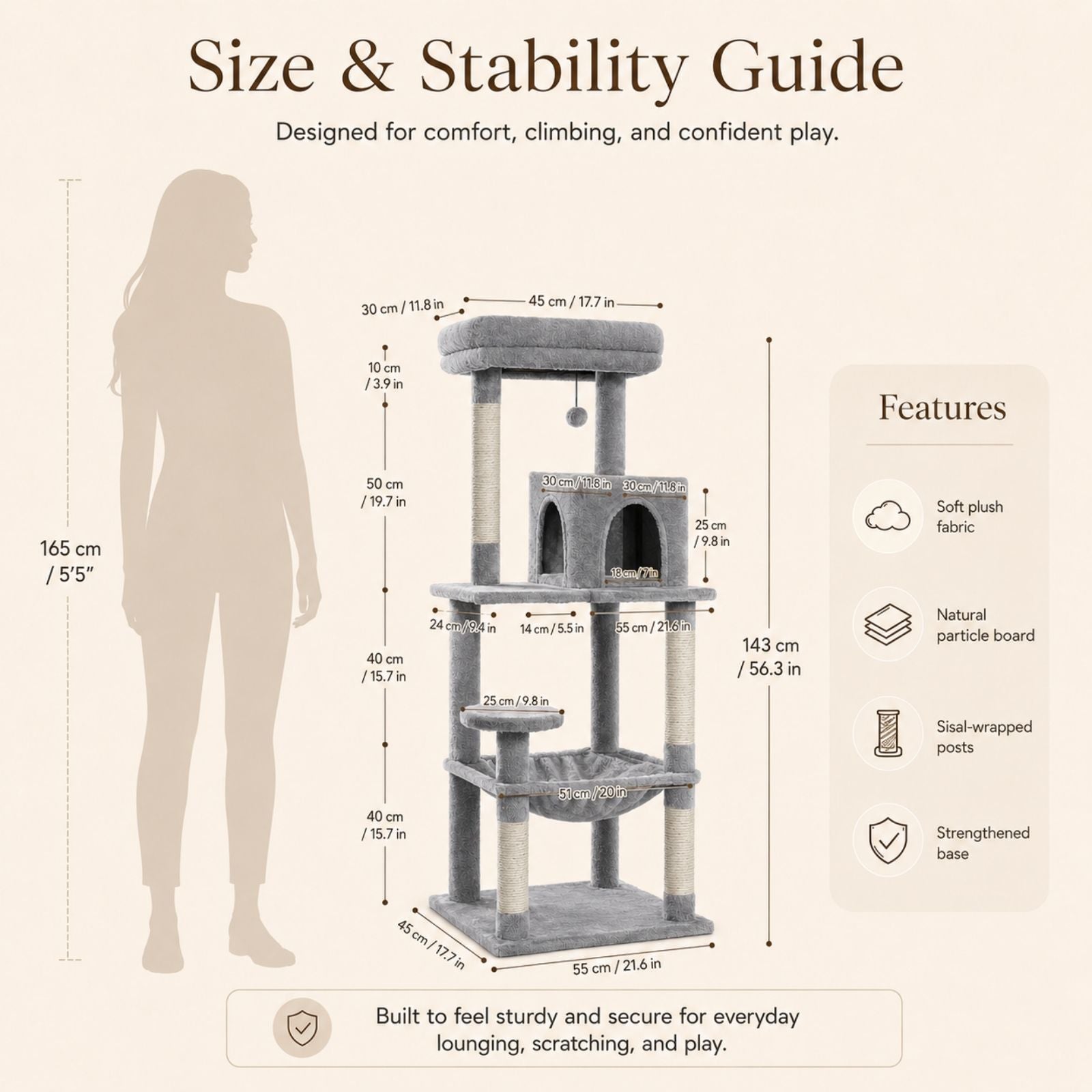 Size & Stability Guide infographic for a cat tree, showing a human silhouette for scale alongside detailed dimensions of the cat tree and a features list on a beige background.