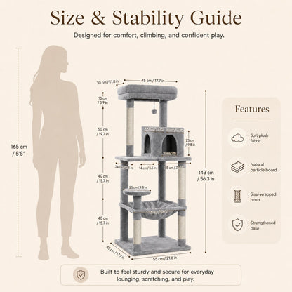 Size & Stability Guide infographic for a cat tree, showing a human silhouette for scale alongside detailed dimensions of the cat tree and a features list on a beige background.